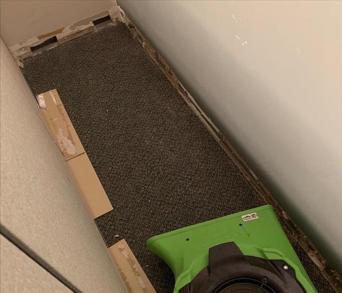 Corner of office wall with baseboards removed and rectangular holes cut out of sheetrock, green air mover facing holes